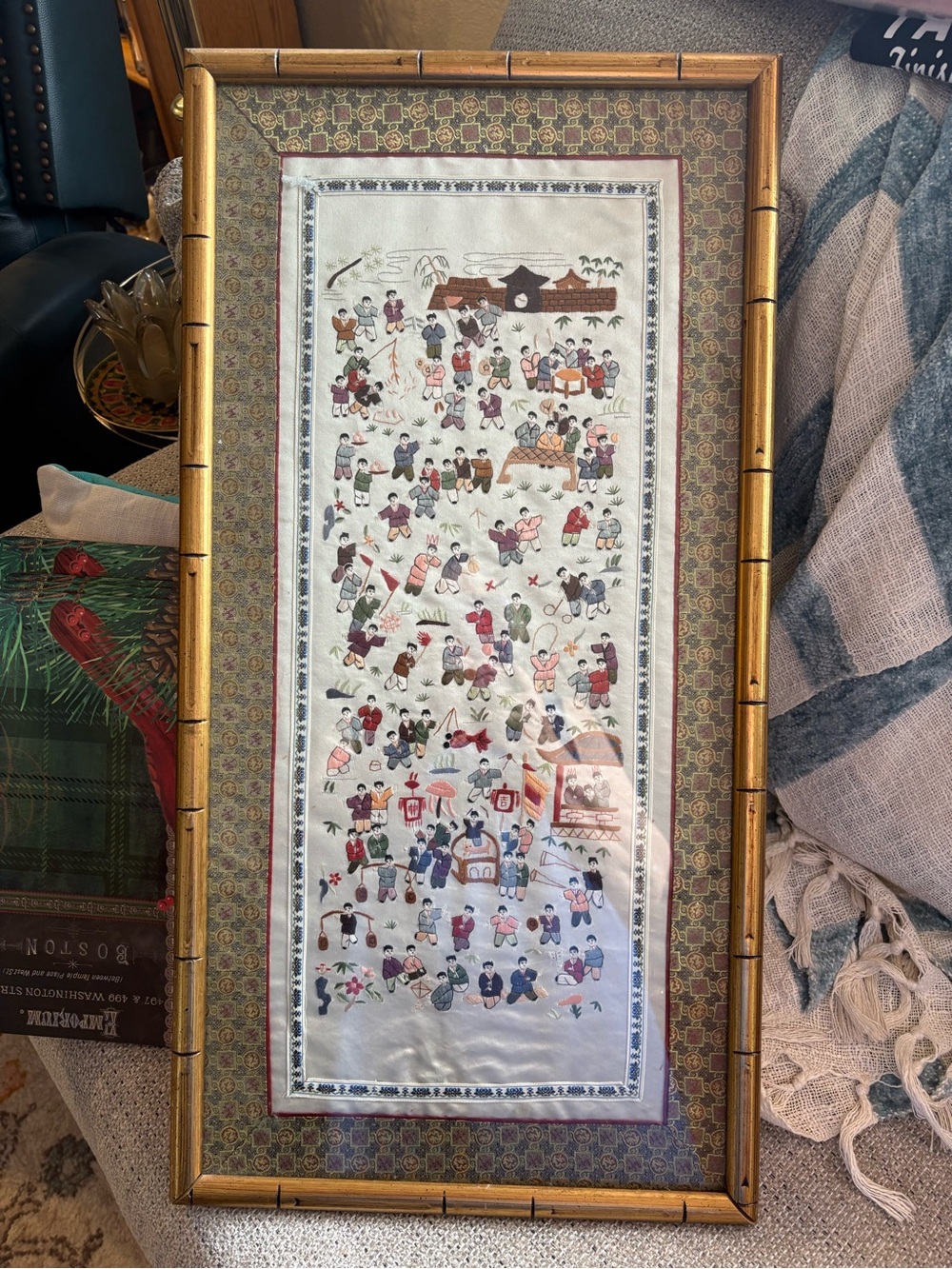 Vintage Chinese silk Embroidery panel depicting children. Lovely frame